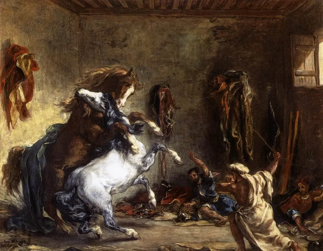 Эжен Делакруа. Схватка арабских лошадей в конюшне. 1860