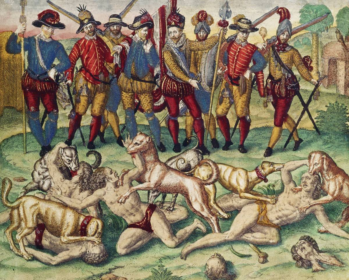 Теодор де Бри. Травля индейцев собаками. Иллюстрация из книги «Великие путешествия». 1596