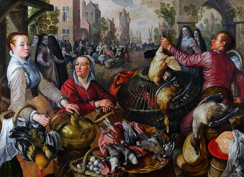 Иоахим Бейкелар. Четыре стихии - Воздух. Рынок мяса птицы со сценой возвращения блудного сына на заднем плане. 1570