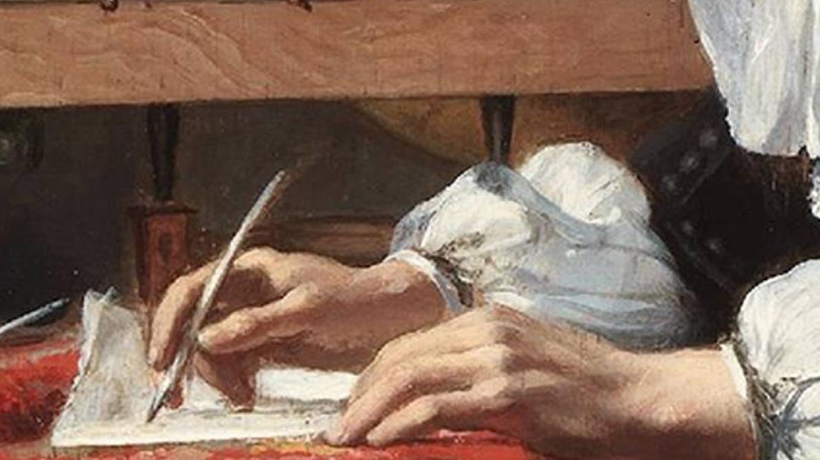 Габриэль Метсю. Мужчина пишет письмо (фрагмент). 1664