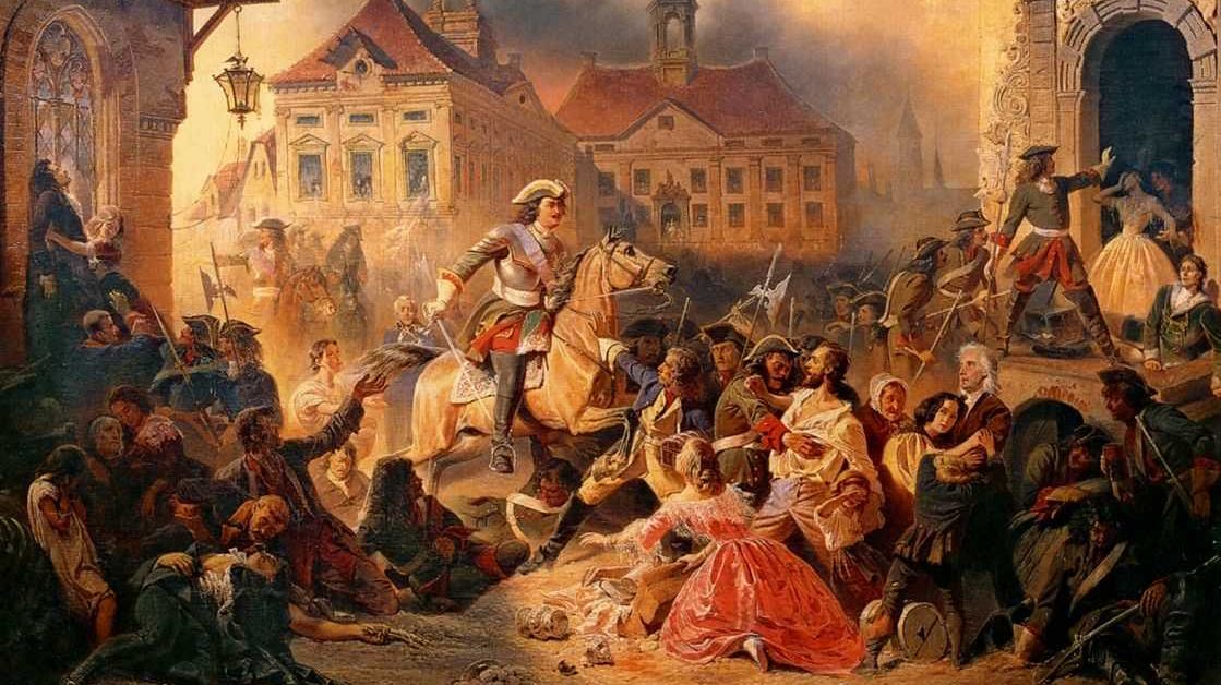 Зауервейд Николай Александрович, «Петр I усмиряет ожесточенных солдат при взятии Нарвы в 1704 году» (фрагмент). 1859