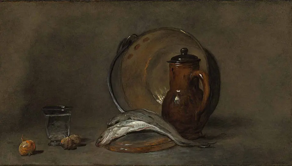 Жан-Батист Шарден. Натюрморт с медным котлом, кувшином, рыбой и стаканом. 1730-е
