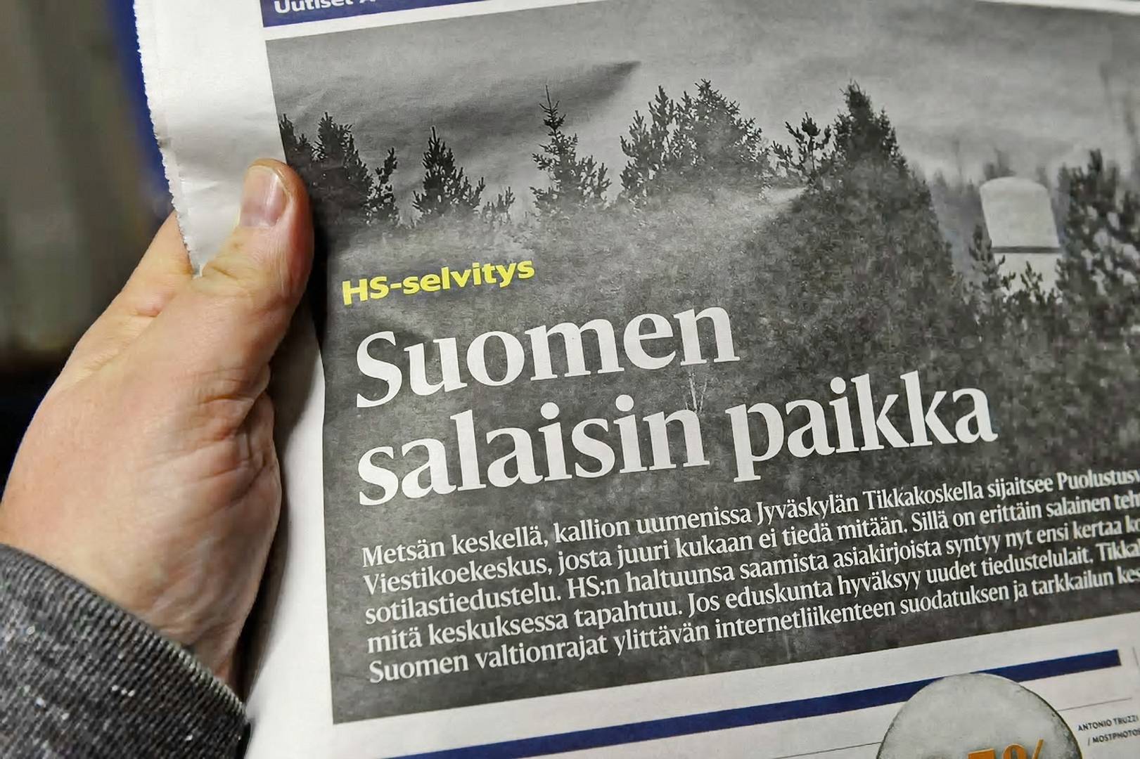 Публикация в газете Нelsingin Sanomat о финской радиоразведке сегодня. Заголовок — «Самое секретное место в Финляндии»