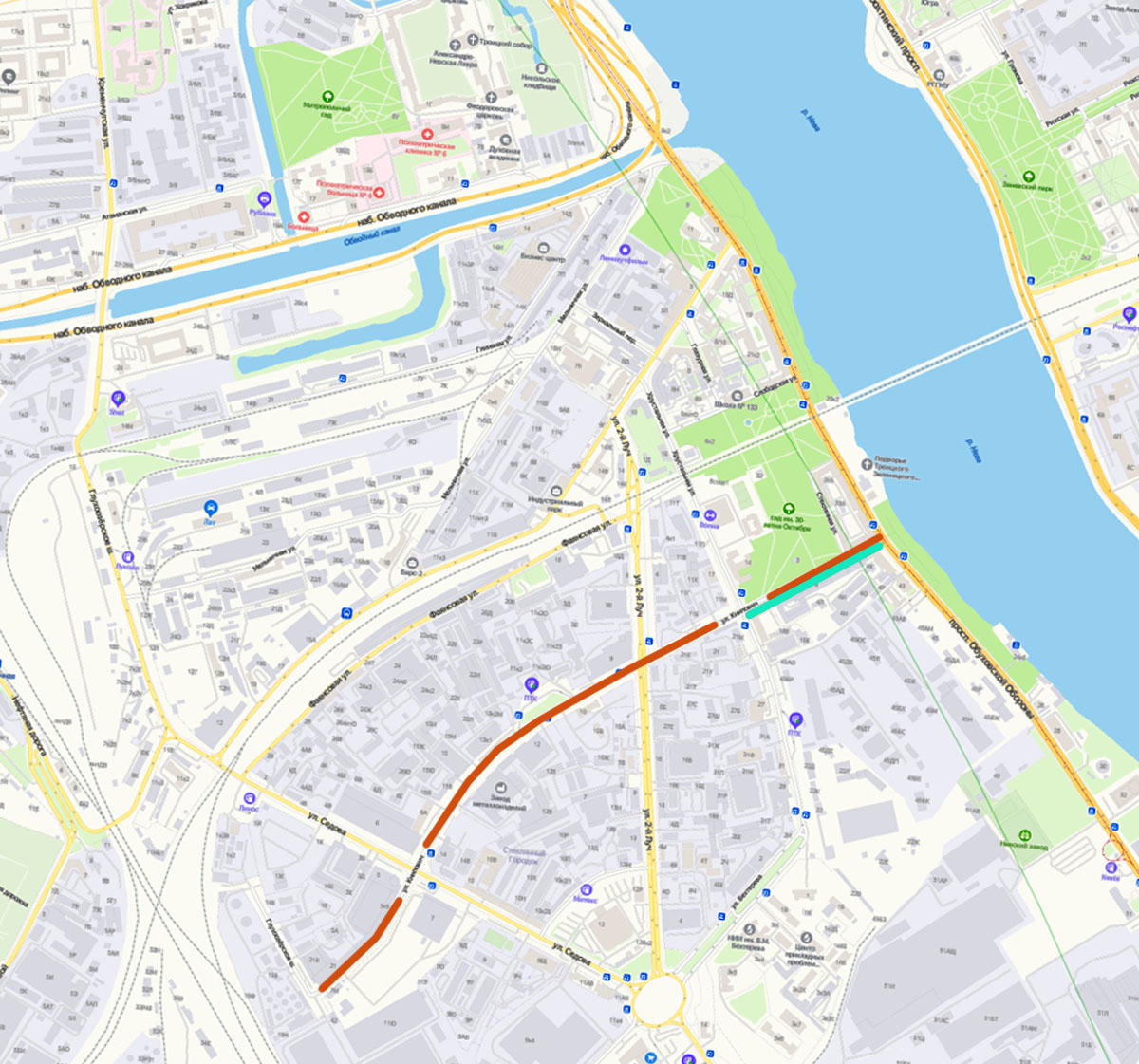 Улица Книпович на современной карте Санкт-Петербурга (yandex.ru) - красная линия. Бирюзовым цветом показан отрезок бывшей Смоляной улицы.