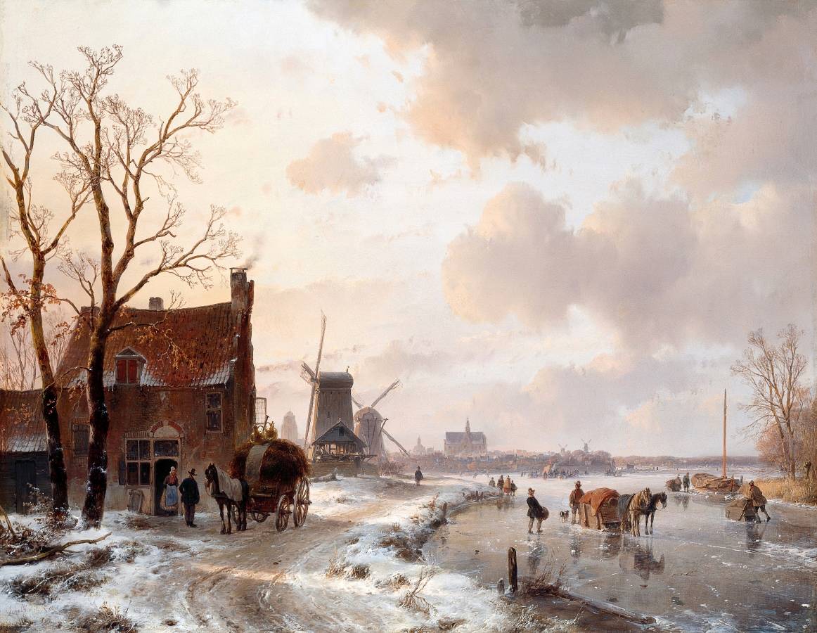 Андреас Схелфхаут. Зимний пейзаж с лошадьми на льду. 1844