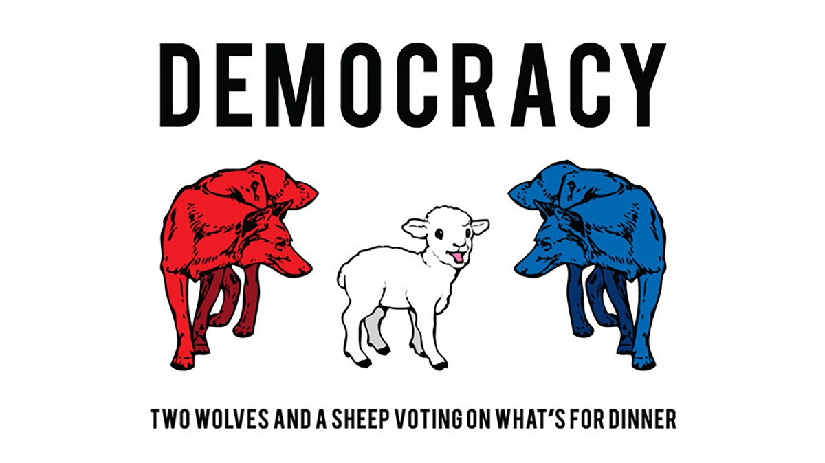 Демократия: два волка и ягненок голосуют, что съесть на ужин