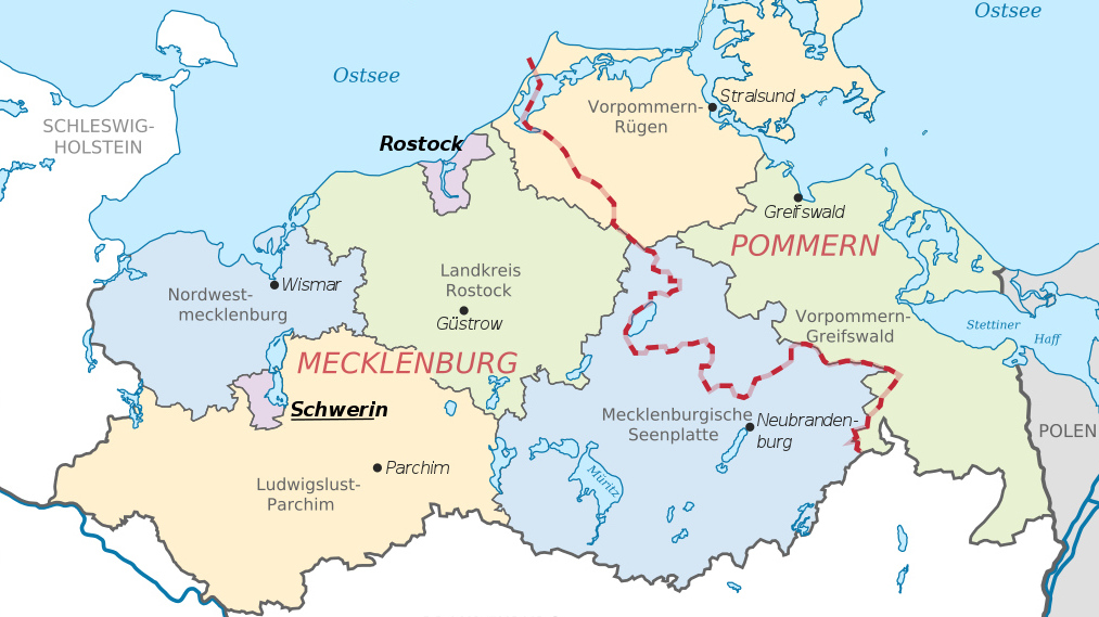 Карта земли Мекленбург-Передняя Померания с условной границей двух одноимённых исторических областей. Германия