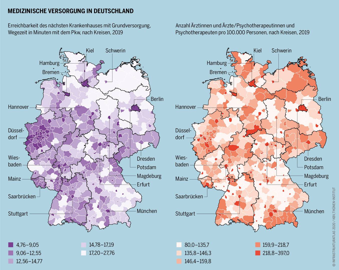 Карта доступности медицинской помощи в Германии. Слева — доступность ближайшей больницы в минутах пути; справа — количество врачей/психотерапевтов на 100 тыс. населения