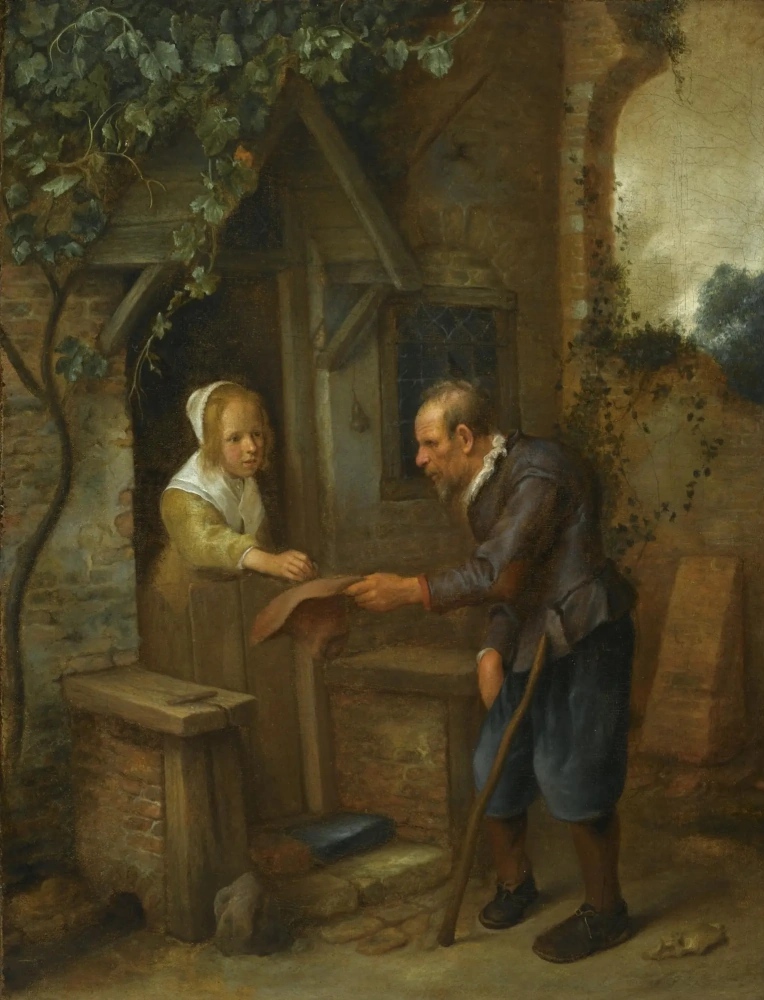 Ян Стен. Девушка дает монету нищему. 1658