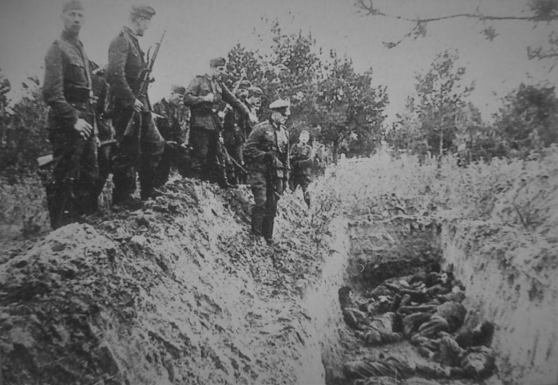 Немецкие солдаты проводят массовый расстрел «подозрительных элементов» на оккупированной территории СССР. Лето 1941 г.