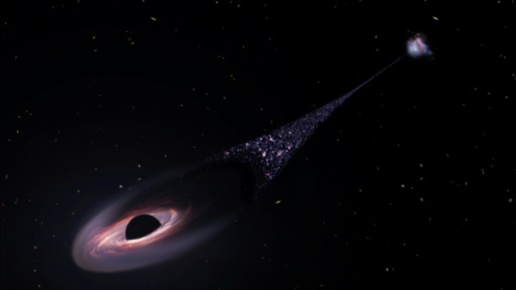 Сверхмассивная черная дыра, изображенная художником НАСА, создает инверсионный след из новорожденных небесных тел