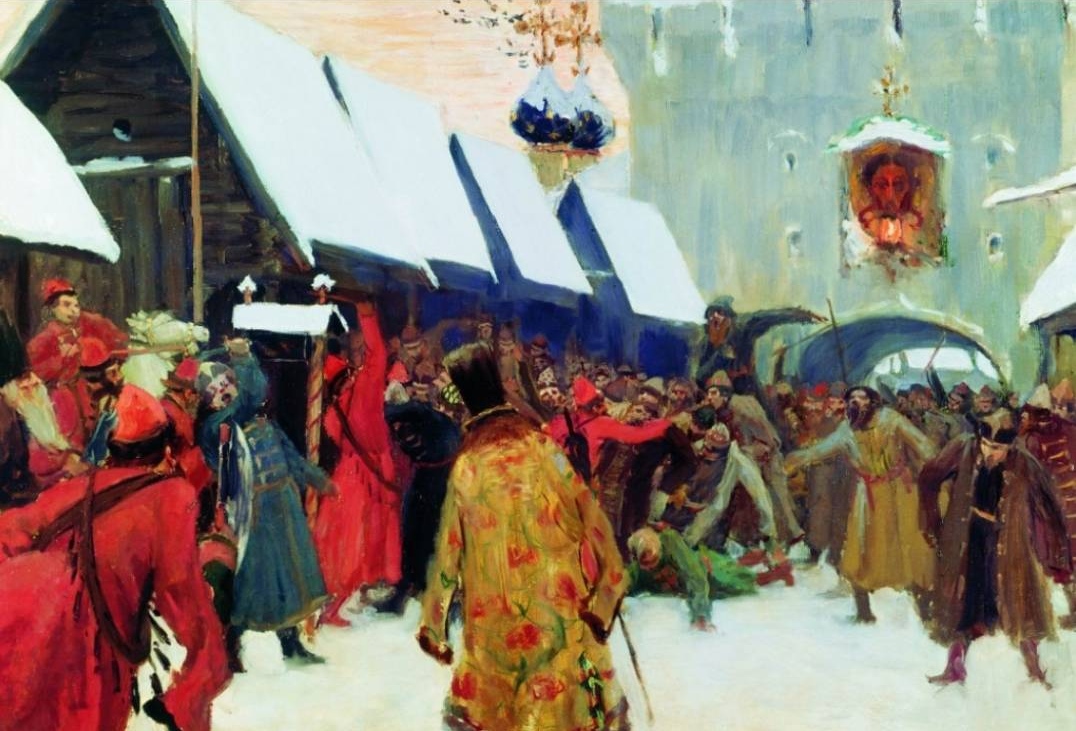 Борис Кустодиев. Возмущение слобод против бояр (фрагмент). 1897