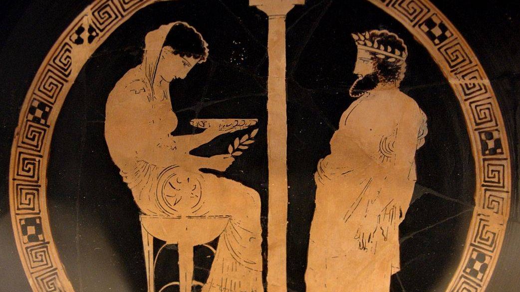 Фемида в роли пифии вещает Эгею Аттический килик, ок. 440—430 гг. до н. э.