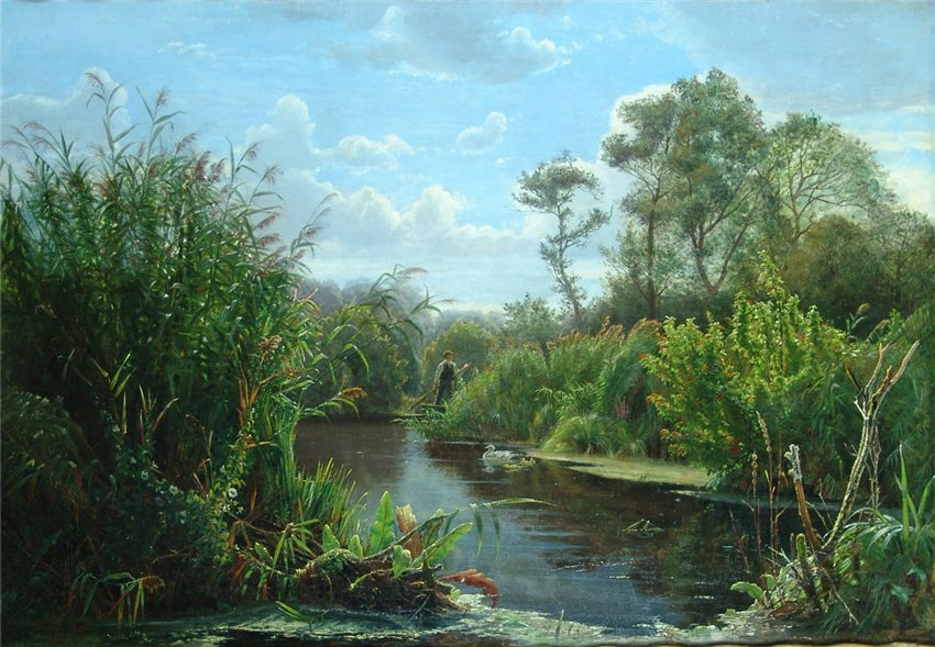 Торвальд Нисс. Заросший пруд с уткой и утятами. 1873