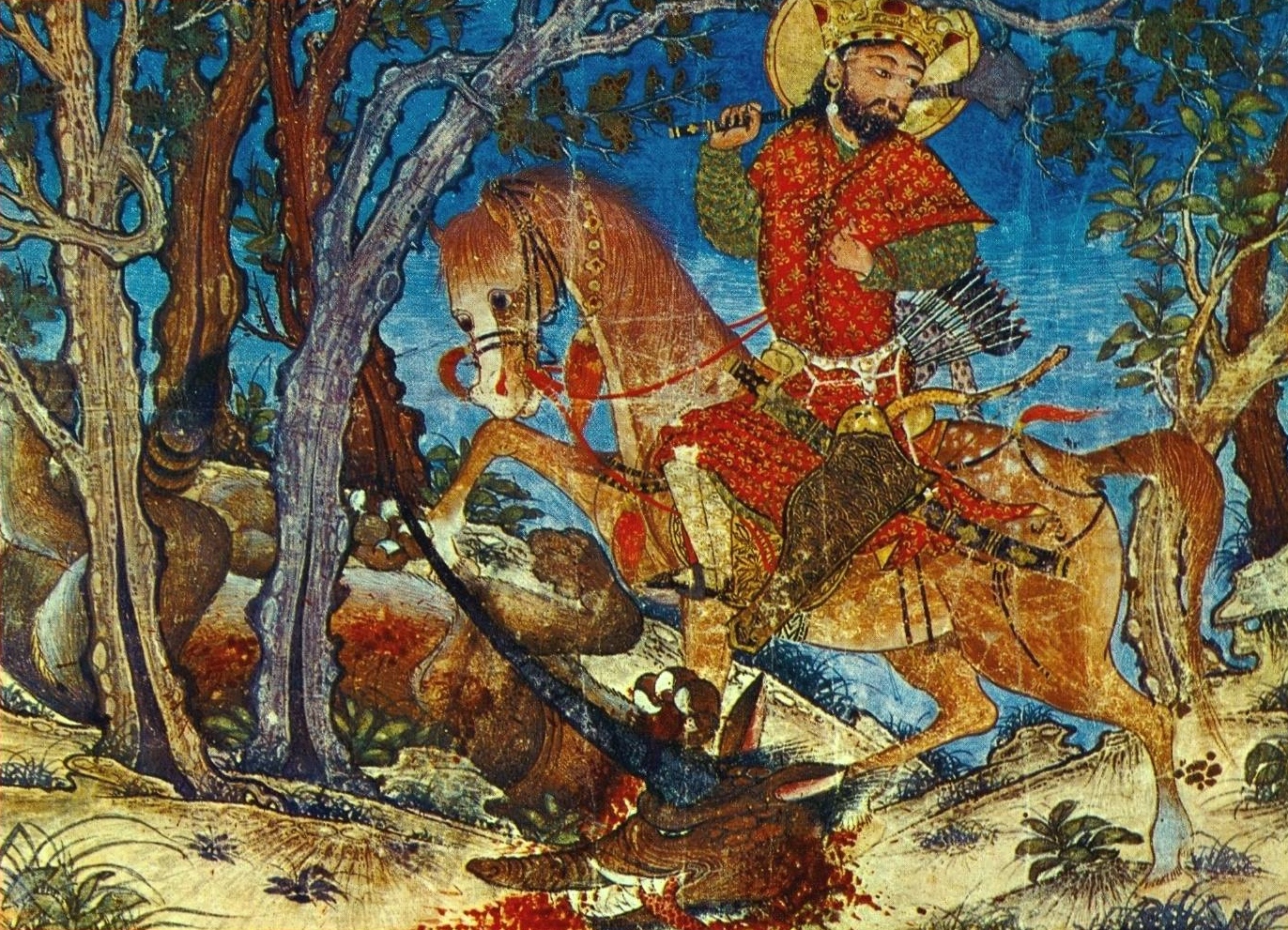 Бахрам Гур, убивший волка. Миниатюра из «Шахнаме Демотта». 1328-1336