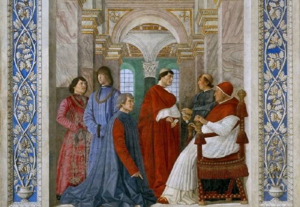 Мелоццода Форли. Сикст IV назначает Бартоломео Платина префектом Ватиканской библиотеки. 1477