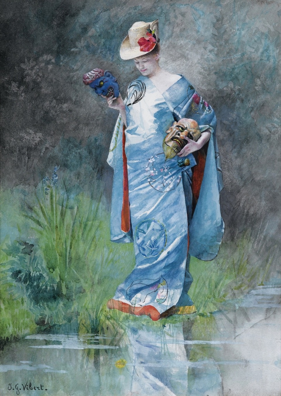 Жан Жорж Вибер. Женщина в кимоно, держащая маски