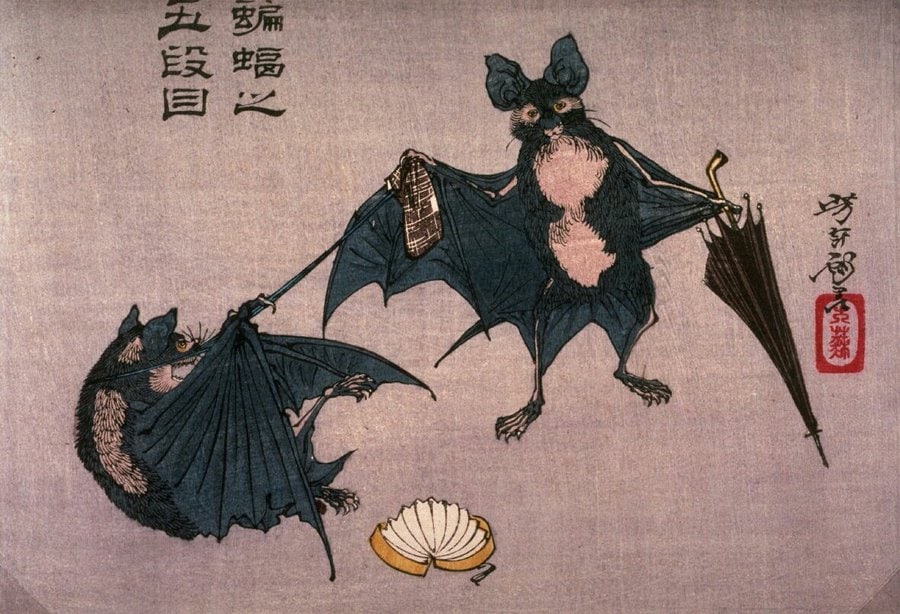 Летучие мыши, Цикиока Ёситоси, цветная ксилография, 1880-1883