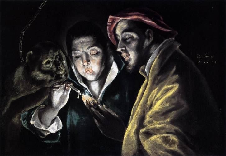 Эль Греко. Аллегория, мальчик зажигает свечу в компании обезьяны и дурака (фабула). 1590