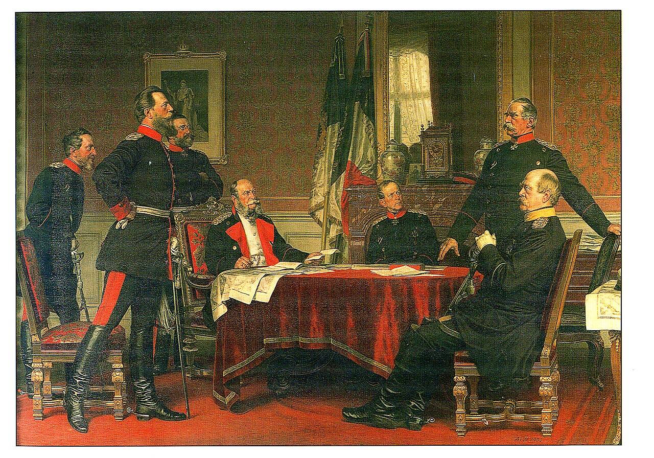 Антон фон Вернер. Германская штаб-квартира в Версале. Слева направо: Блюменталь, наследный принц Фридрих, Верди дю Вернуа, Вильгельм I, Мольтке, Роон, Бисмарк. 1900 год
