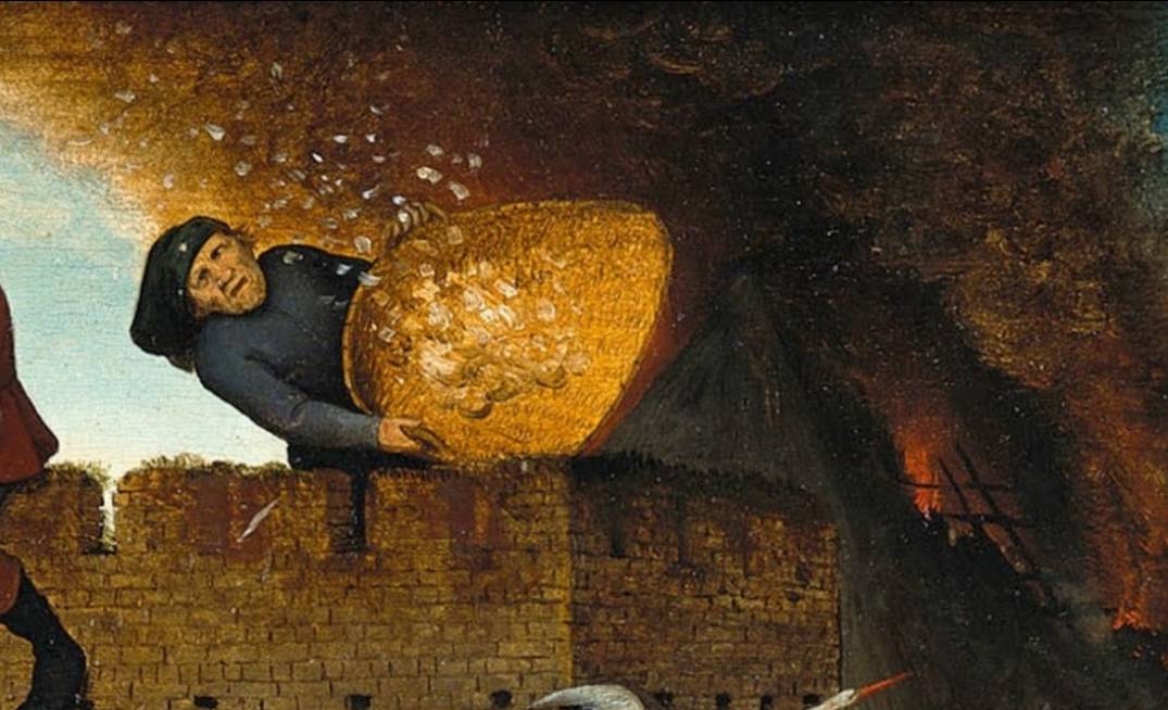Питер Брейгель Старший. Фламандские пословицы. Веять перья на ветру — бесполезная работа (фрагмент). 1559 год.