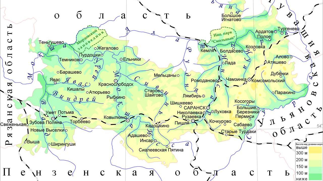 Карта Республики Мордовия с реками
