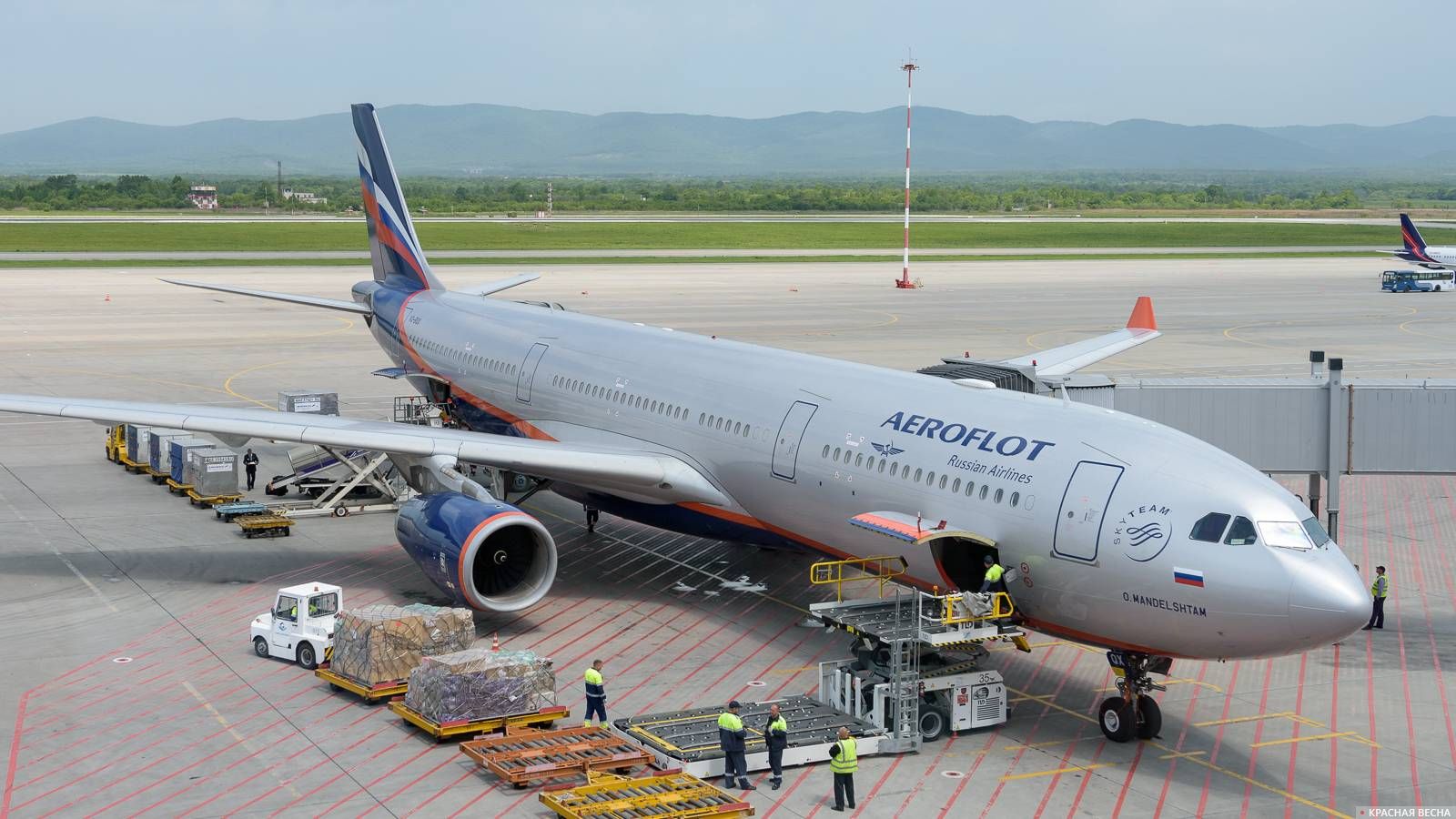 Разгрузка Airbus A330 авиакомпании Аэрофлот в аэропорту Владивосток.