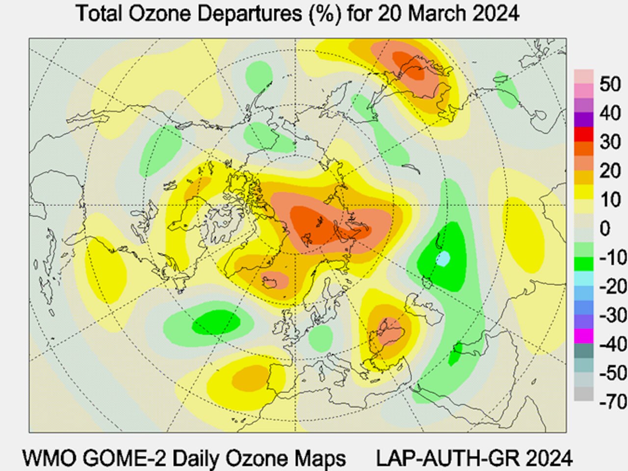 Рис.•3. Аномалии общего содержания озона в Северном полушарии 20•марта 2024 года