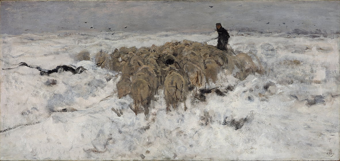 Антон Мауве. Стадо овец с пастухом в снегу. 1887   