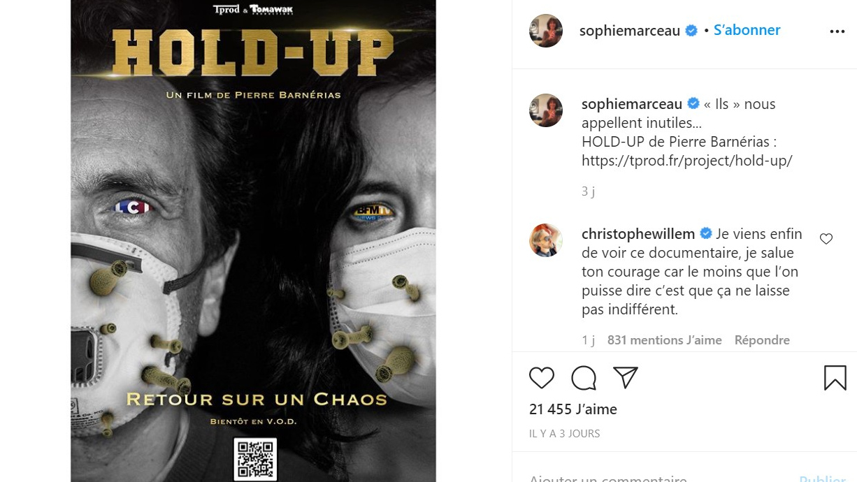 Страница Instagram французской актрисы Софи Марсо с рекламной афишей документального фильма Hold-Up, retour sur un chaos («Грабеж: размышления о хаосе»).