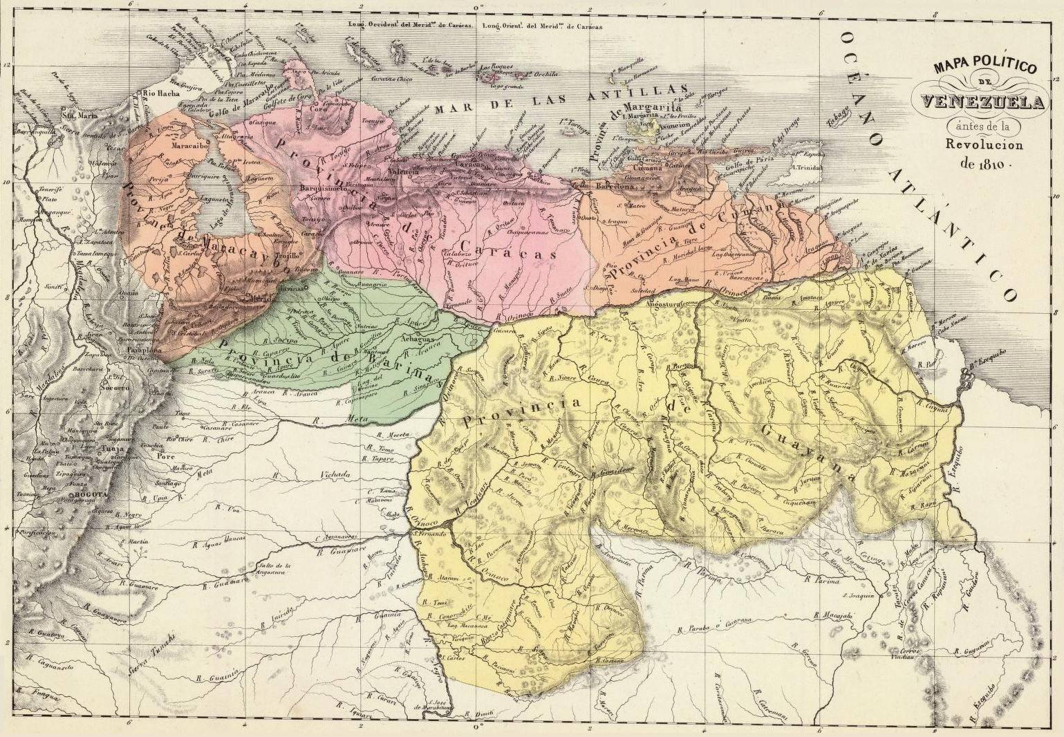 Карта Венесуэлы, на которой показана граница с рекой Эссекибо. 1810