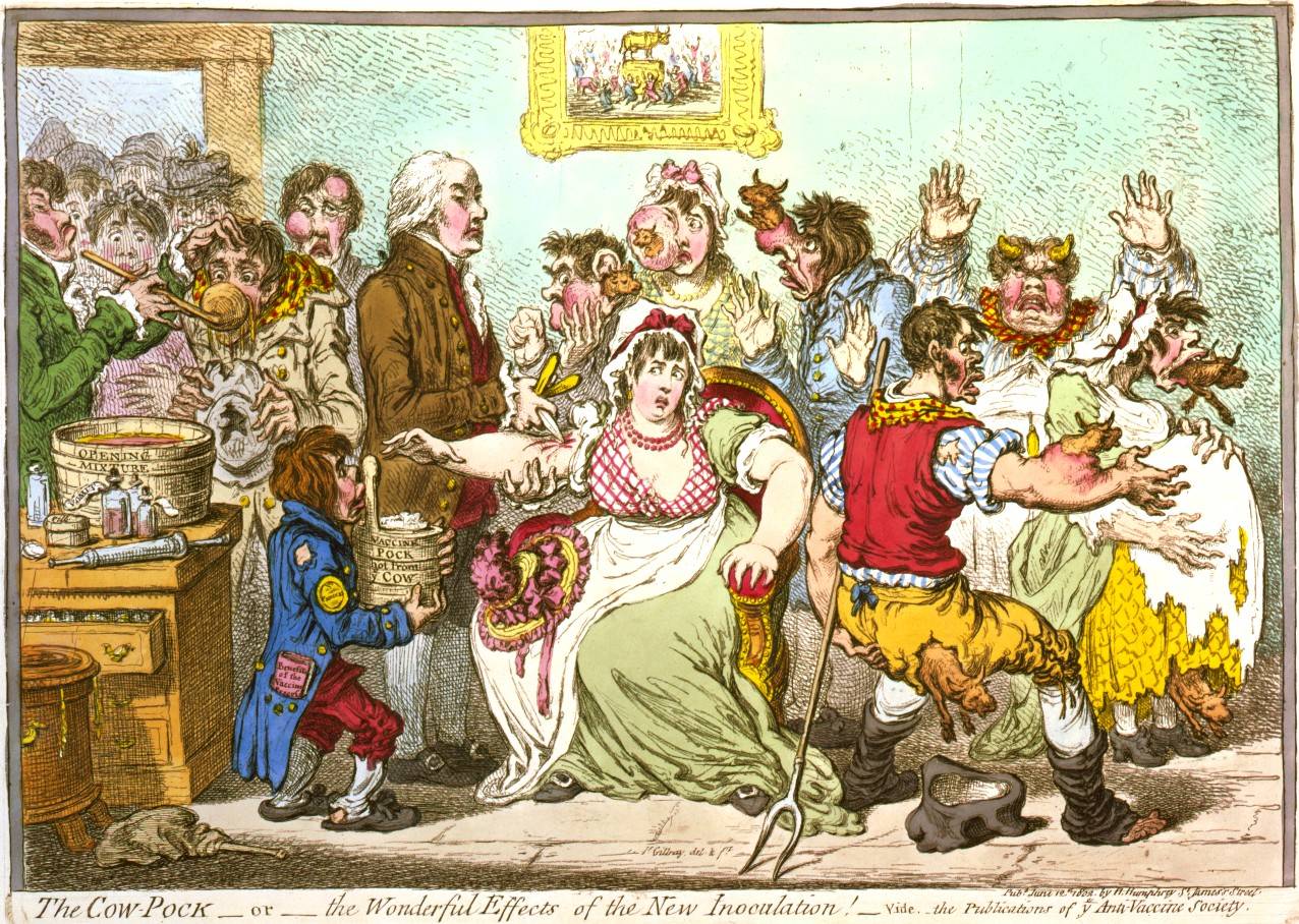 Джеймс Гилрей. Эдвард Дженнер среди пациентов, перенесших оспу и прививку. 1802