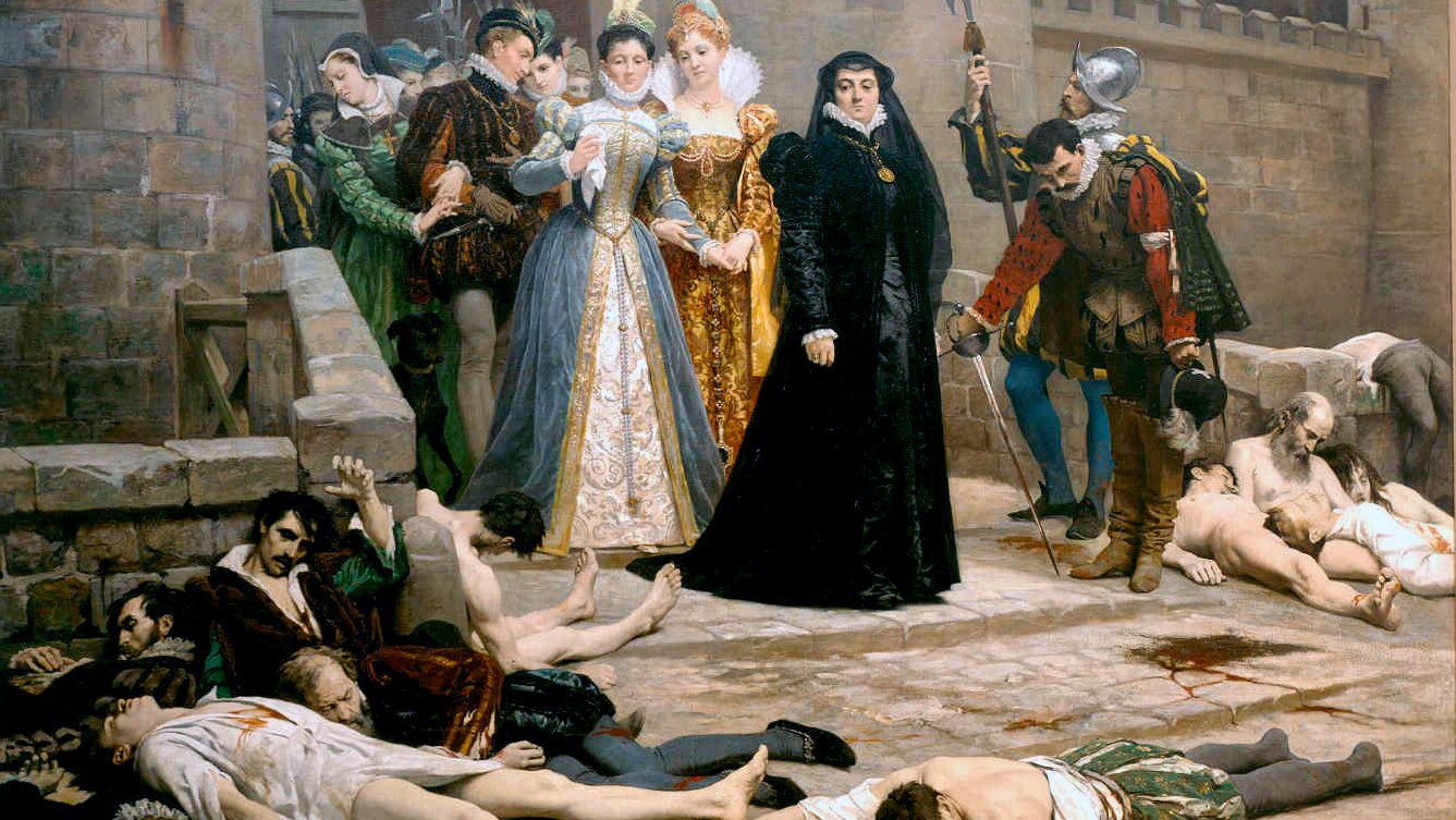 Эдуар Деба-Понсан. Екатерина Медичи смотрит на протестантов, убитых после расправы в Варфоломеевскую ночь. 1880
