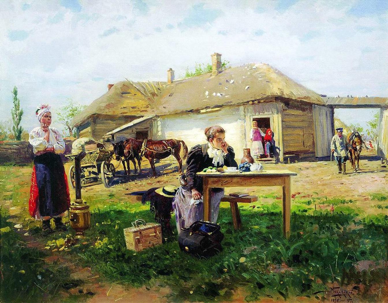 Владимир Маковский. Приезд учительницы в деревню. 1897