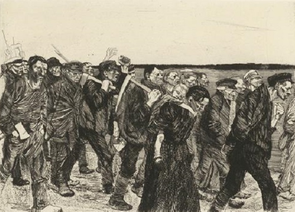 Кете Кольвиц. Марш ткачей. Офорт из цикла «Восстание ткачей». 1893-1897