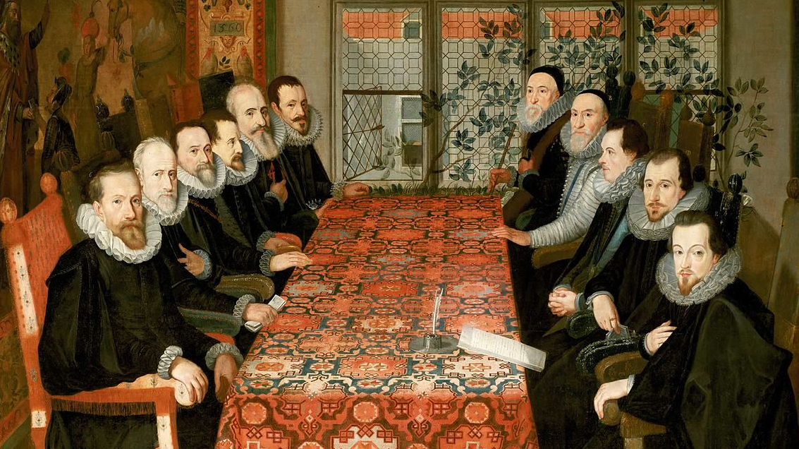Хуан Пантоха де ла Крус. Конференция в Соммерсет-Хаус 19 августа 1604. Испанская делегация слева, английская делегация справа. 1604