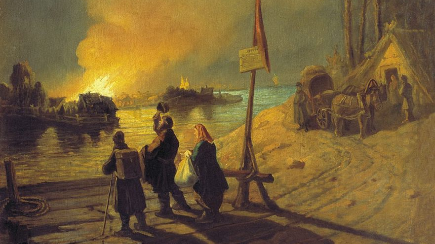 Леонид Соломаткин. Пожар в деревне. Сцена у парома (Пожар на Волге). 1870