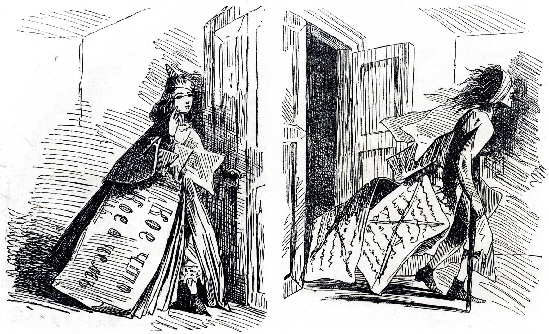 Карикатура Аполлона Б. Слева Статья до просмотра цензурой; справа Статья процензурированная. Искра. 1863