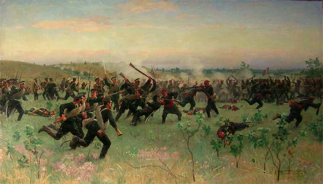 Н. Дмитриев-Оренбургский. Штыковой бой полков русской гвардии с турецкой пехотой на Систовских высотах 14 июня 1877 года. 1877 год.