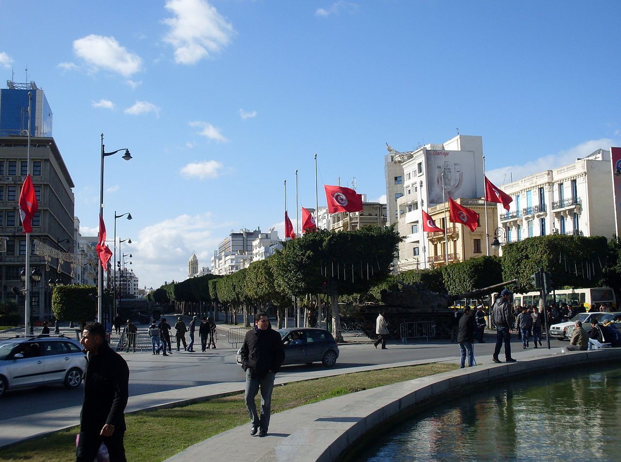 Национальные флаги на площади у Собора Туниса