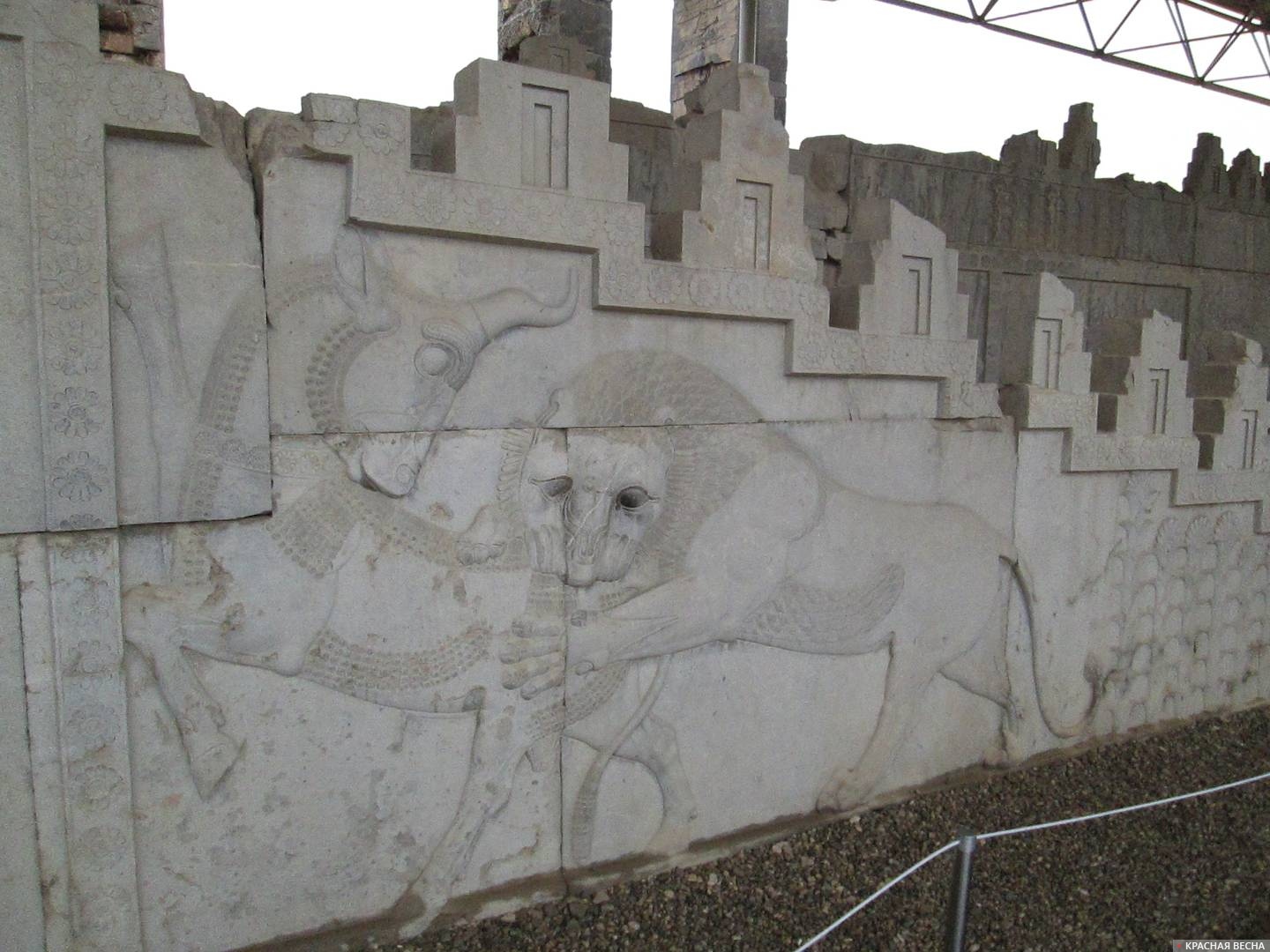 Лев (символ добра) атакует быка (символ зла). Барельеф восточной лестницы Ападаны. Персеполис. Иран