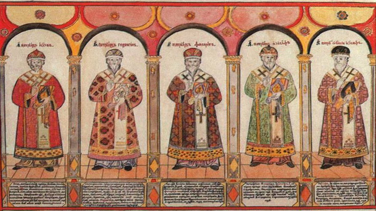 Первые пять русских патриархов — Иов, Гермоген, Филарет, Иоасаф, Иосиф. Рисованный лобок