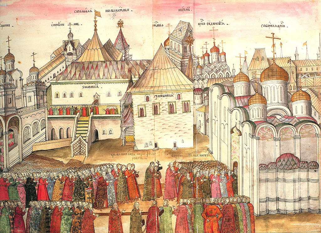 Соборная площадь московского Кремля. Книжная миниатюра, 1672–1673 годы