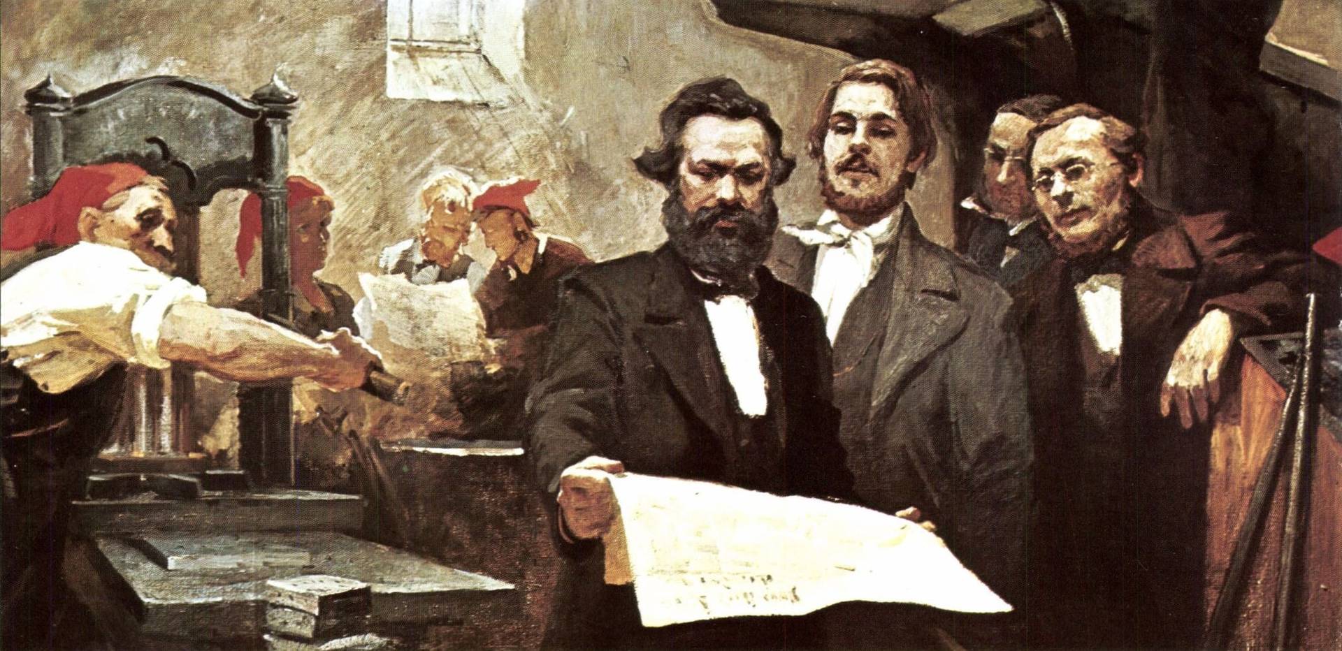 Е. Н. Сапиро. Карл Маркс и Фридрих Энгельс в типографии «Новой Рейнской газеты». 1967