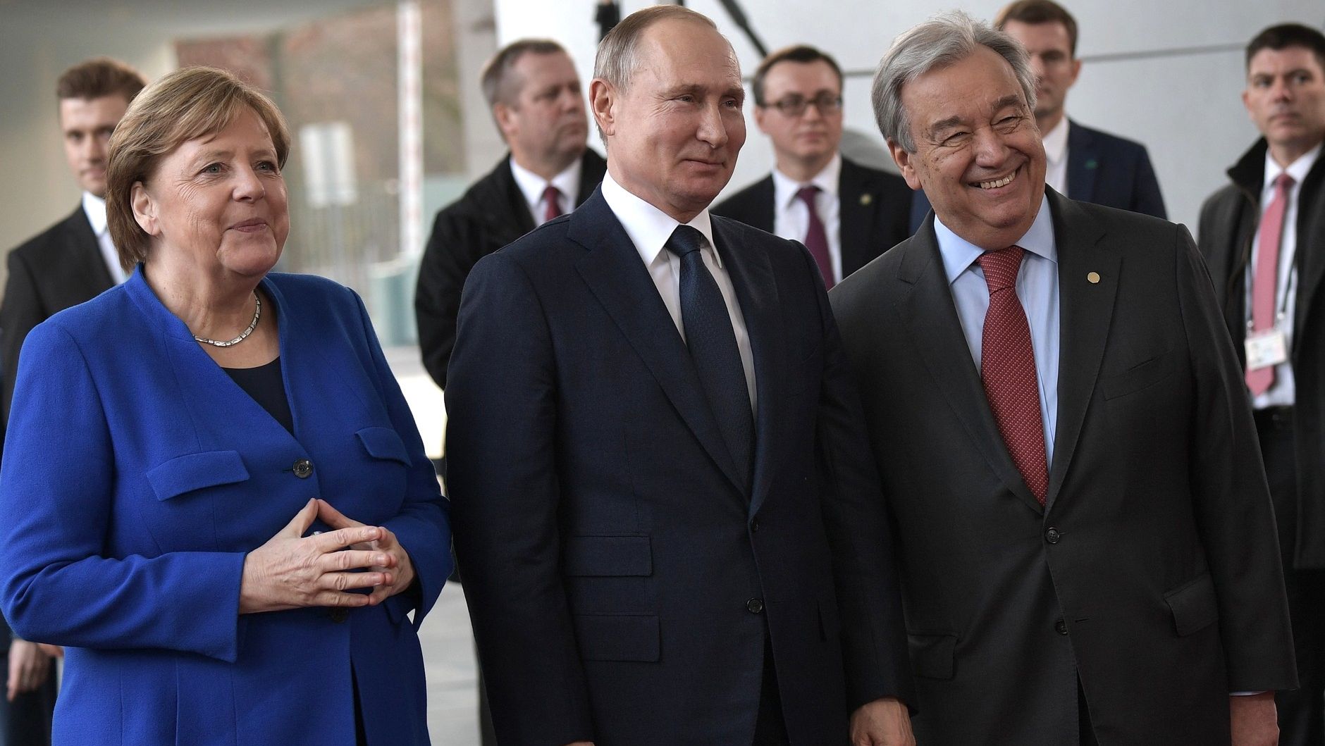 Владимир Путин, Ангела Меркель и Антониу Гутерреш перед началом Международной конференции по Ливии