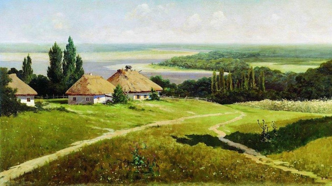 Константин Маковский. Украинский пейзаж с хатами. 1901