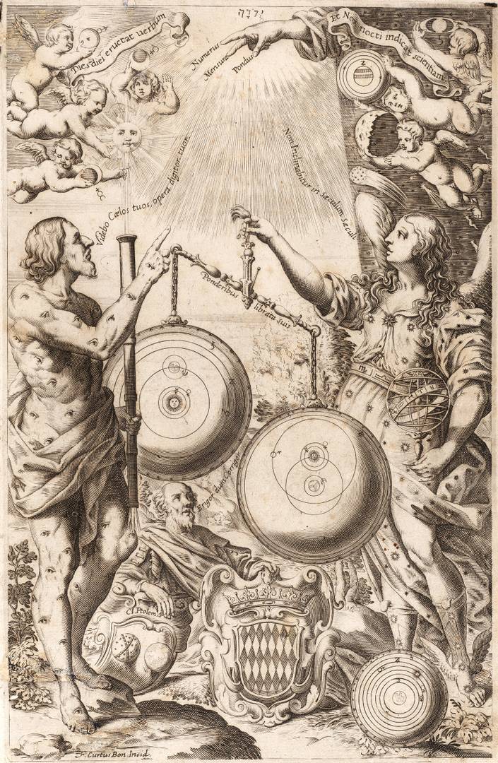 Франческо Курти. Фронтиспис «Нового Альмагеста». Мифические фигуры взвешивают астрономические теории. 1651