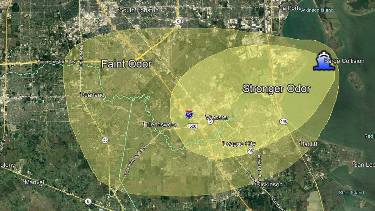 Карта распространение запаха от разлившейся нефти по информации от метеорологической службы Хьюстона