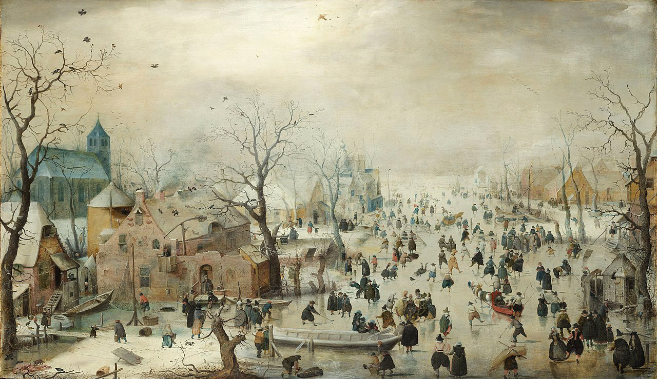 Хендрик Аверкамп. Зимний пейзаж с конькобежцами. 1609