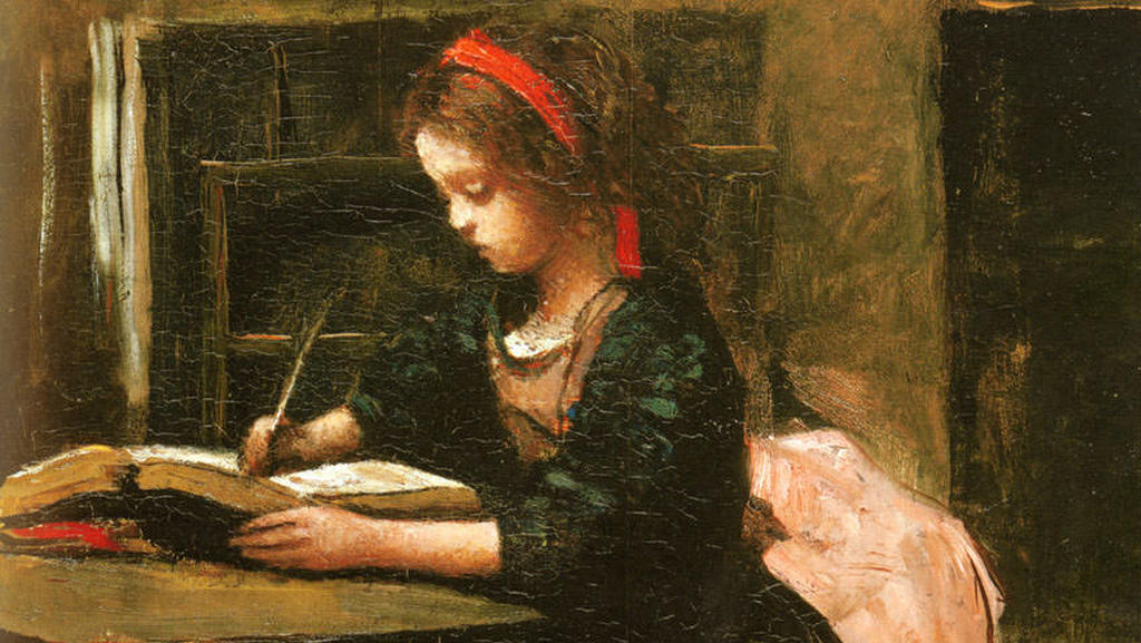 Жан-Батист-Камиль Коро. Девочка перерисовывает текст книги, чтобы научиться писать (фрагмент)